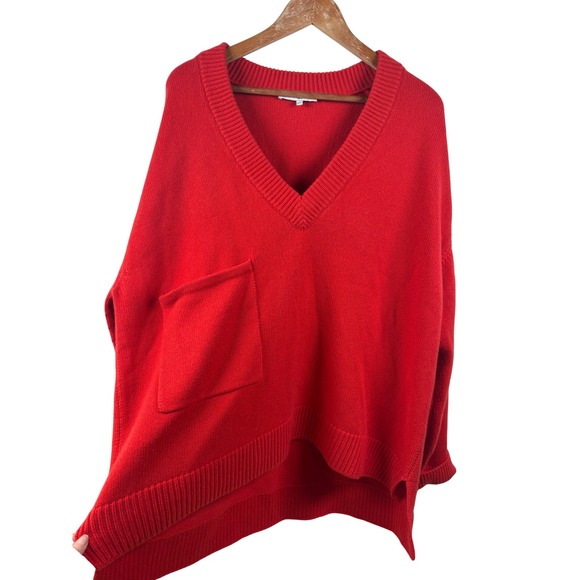 Tibi Cashmere Ribbon Red Orange  V-Neck Pocket Oversized Sweater M/L Knit Cozy‎ - Picture 4 of 15